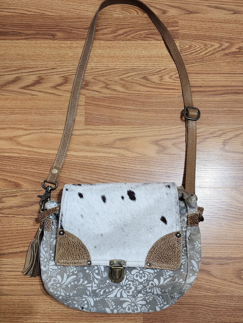 Myra Bag Cowhide Crossbody Purse Brown Floral Western Boho Leather Festival